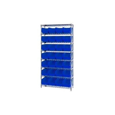Global Industrial Chrome Wire Shelving w/ 28 Stacking Blue Bins, 36inW x 14inD x 74inH, Gray 268928BL